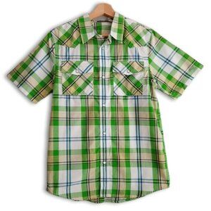 OLD NAVY Western Pearl Snap Button Plaid Shirt Green Big Kids Youth Sz XL